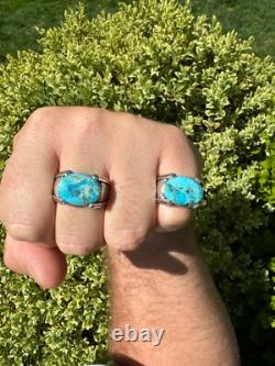 Bague chevalière ovale pour homme en argent sterling 925 massif véritable turquoise bleue authentique