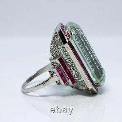 Bague d'anniversaire en or blanc 14K FN avec aquamarine et rubis style Art Déco vintage de 7 ct