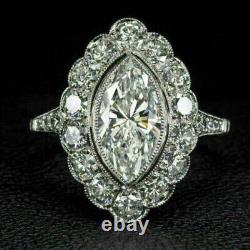 Bague de fiançailles en argent sterling 925 avec diamant Moissanite taille marquise vintage de 2,30 CT.