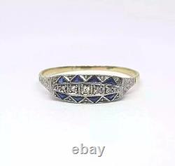 Bague de fiançailles en or 14k FN avec diamant saphir créé en laboratoire de style vintage Art Déco
