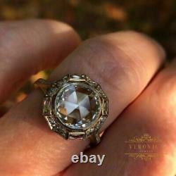 Bague de fiançailles vintage en argent massif 925 sterling avec zircon cubique rond blanc brillant de 3 carats