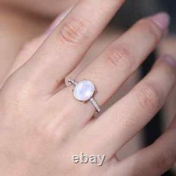Bague de fiançailles vintage en pierre de lune bleu laiteux en argent sterling 925