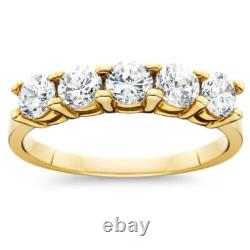 Bague de mariage en or jaune 14 carats avec 5 pierres rondes simulant des diamants de 2 ct