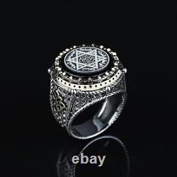 Bague de sceau en argent sterling 925 avec pierre onyx de la signature du roi Salomon