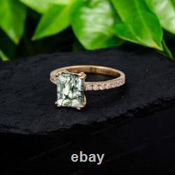 Bague en Argent en Agate Mousse Taille Émeraude Unique Style Boho Bague de Fiançailles