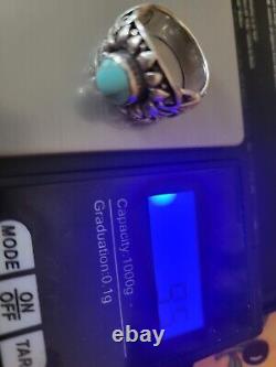 Bague en argent sterling 925 MEXICO AMPARO estampillée Vtg Turquoise bleue taille 5.75 9.5g