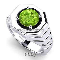 Bague en argent sterling 925 avec pierre précieuse en péridot taillée ronde pour hommes #D214