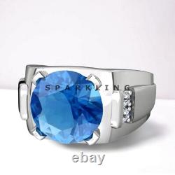 Bague en argent sterling 925 avec topaze bleue taille ronde pour homme #D463
