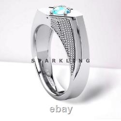 Bague en argent sterling 925 avec topaze bleue taillée ronde pour homme #D446