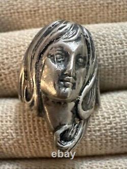 Bague en argent sterling 925 figurative femme déesse visage Art Nouveau vintage