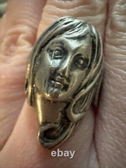 Bague en argent sterling 925 figurative femme déesse visage Art Nouveau vintage