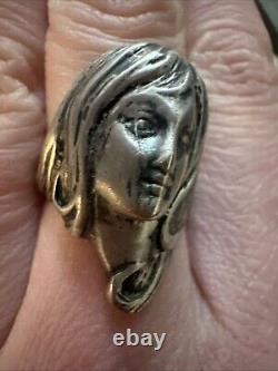 Bague en argent sterling 925 figurative femme déesse visage Art Nouveau vintage