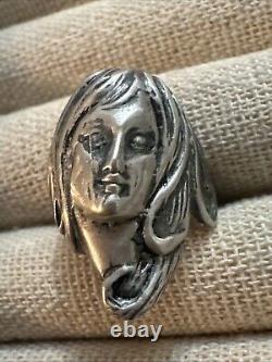 Bague en argent sterling 925 figurative femme déesse visage Art Nouveau vintage