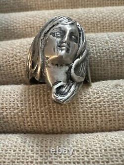 Bague en argent sterling 925 figurative femme déesse visage Art Nouveau vintage