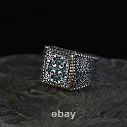 Bague en argent sterling 925 pour homme, faite à la main, avec pierre d'émeraude gravée.
