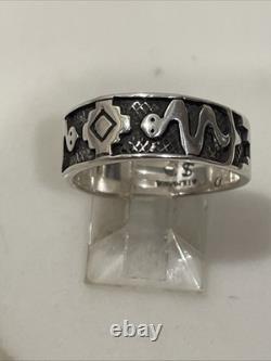 Bague en argent sterling vintage de style sud-ouest avec serpent et symboles tribaux, taille 7.5