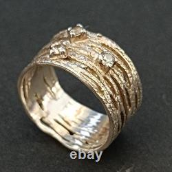Bague large en argent sterling vintage moderniste abstraite avec cristaux, ondulée audacieuse 925