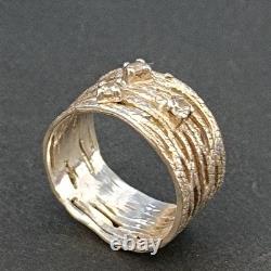 Bague large en argent sterling vintage moderniste abstraite avec cristaux, ondulée audacieuse 925