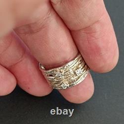 Bague large en argent sterling vintage moderniste abstraite avec cristaux, ondulée audacieuse 925