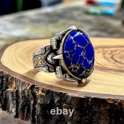 Bague ovale en lapis lazuli pour homme en argent sterling 925, bague sigillaire en lapis ovale