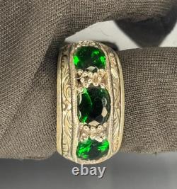 Bague pour homme en argent sterling fait main, pierre verte émeraude, design vintage en marqueterie