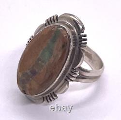 Bague vintage Jonette Jewelry signée en argent sterling avec jaspe marron vert à œil de chat