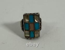 Bague vintage Navajo Zuni en argent sterling avec nacre et turquoise à motif damier, taille 11,5