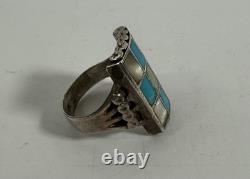 Bague vintage Navajo Zuni en argent sterling avec nacre et turquoise à motif damier, taille 11,5