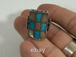 Bague vintage Navajo Zuni en argent sterling avec nacre et turquoise à motif damier, taille 11,5