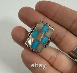 Bague vintage Navajo Zuni en argent sterling avec nacre et turquoise à motif damier, taille 11,5