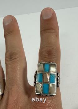 Bague vintage Navajo Zuni en argent sterling avec nacre et turquoise à motif damier, taille 11,5