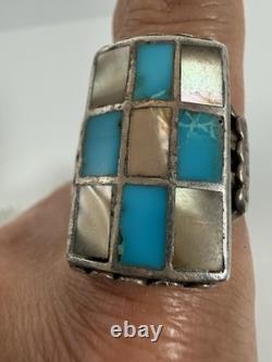 Bague vintage Navajo Zuni en argent sterling avec nacre et turquoise à motif damier, taille 11,5