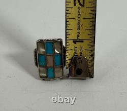 Bague vintage Navajo Zuni en argent sterling avec nacre et turquoise à motif damier, taille 11,5