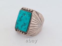 Bague vintage S TOLTH en argent sterling navajo avec grande turquoise Kingman, taille 11.5