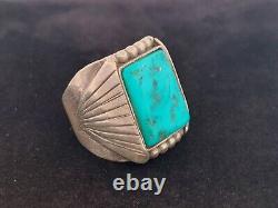 Bague vintage S TOLTH en argent sterling navajo avec grande turquoise Kingman, taille 11.5