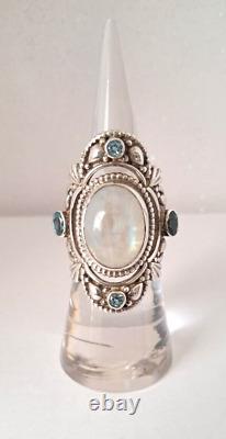 Bague vintage népalaise en argent sterling 925 avec grande pierre de lune et topaze bleue, taille 6, signée
