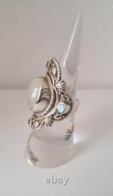 Bague vintage népalaise en argent sterling 925 avec grande pierre de lune et topaze bleue, taille 6, signée
