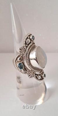 Bague vintage népalaise en argent sterling 925 avec grande pierre de lune et topaze bleue, taille 6, signée