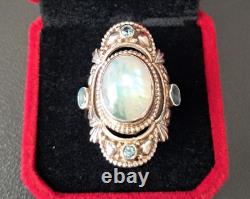 Bague vintage népalaise en argent sterling 925 avec grande pierre de lune et topaze bleue, taille 6, signée