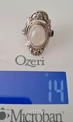 Bague vintage népalaise en argent sterling 925 avec grande pierre de lune et topaze bleue, taille 6, signée