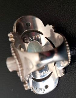 Bague vintage népalaise en argent sterling 925 avec grande pierre de lune et topaze bleue, taille 6, signée