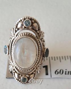 Bague vintage népalaise en argent sterling 925 avec grande pierre de lune et topaze bleue, taille 6, signée