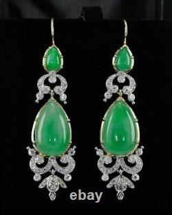 Boucle d'oreille pendante en jade vert naturel poire vintage en or blanc 14 carats et argent sterling 925