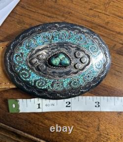 Boucle de ceinture en argent sterling Navajo vintage faite main avec turquoise Juan T Singer
