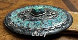 Boucle de ceinture en argent sterling Navajo vintage faite main avec turquoise Juan T Singer