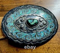 Boucle de ceinture en argent sterling Navajo vintage faite main avec turquoise Juan T Singer