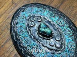 Boucle de ceinture en argent sterling Navajo vintage faite main avec turquoise Juan T Singer