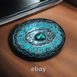 Boucle de ceinture en argent sterling Navajo vintage faite main avec turquoise Juan T Singer Boucle de ceinture en argent sterling Navajo vintage faite main avec turquoise Juan T Singer