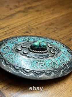 Boucle de ceinture en argent sterling Navajo vintage faite main avec turquoise Juan T Singer