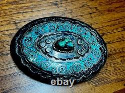Boucle de ceinture en argent sterling Navajo vintage faite main avec turquoise Juan T Singer